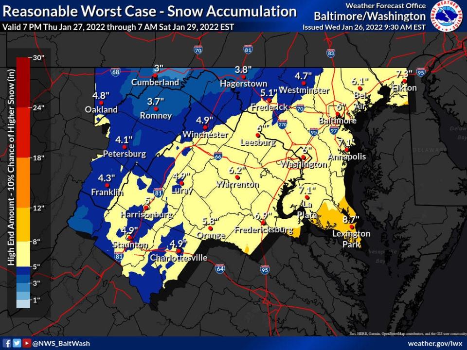 The National Weather Service's "reasonable worst case" forecast for snow accumulation through Saturday, as of 9:30 a.m. Wednesday forecast.