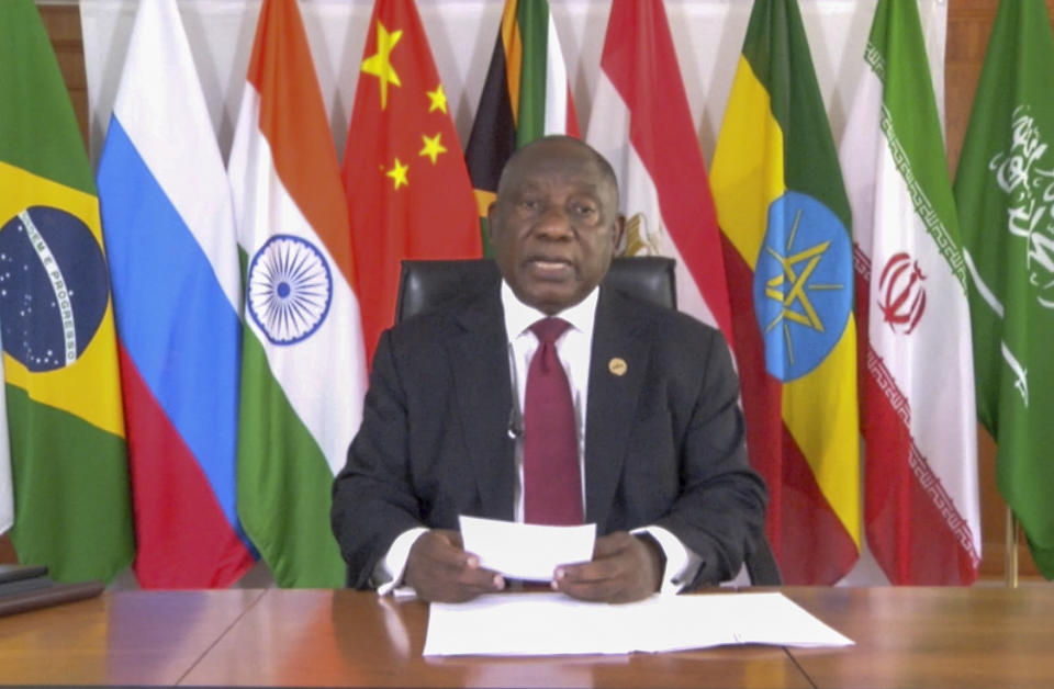 In this image made from video supplied by South Africa's Presidency, South African President Cyril Ramaphosa addresses BRICS leaders for a virtual meeting of leaders of developing countries Tuesday, Nov. 21, 2023. Ramaphosa accused Israel of war crimes, condemned Hamas for its attack on Israeli civilians that sparked the conflict and said both sides were guilty of violating international law. (South Africa Presidency via AP Photo)