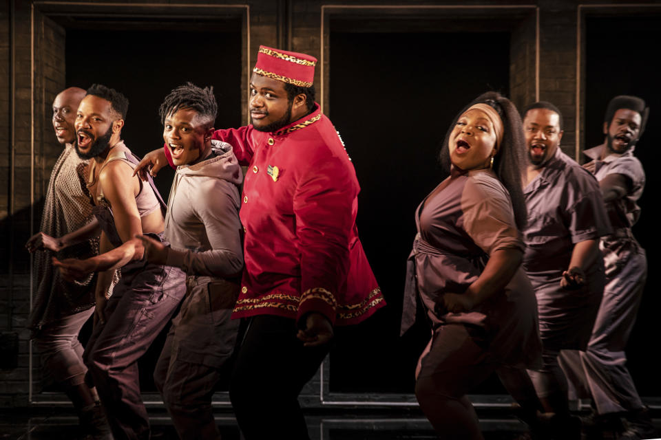 This image released by Polk & Co. shows, from left, James Jackson Jr., Jason Veasey, Michael Lyles, Jaquel Spivey, L Morgan Lee, Andrew Morrison and Antwayn Hopper during a performance of "A Strange Loop" in New York. (Marc J. Franklin/Polk & Co. via AP)