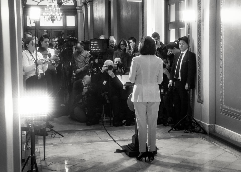 In a televised address given at the Capitol on the morning of December 5, Pelosi announces that the House of Representatives will begin drafting articles of impeachment. | Philip Montgomery for TIME