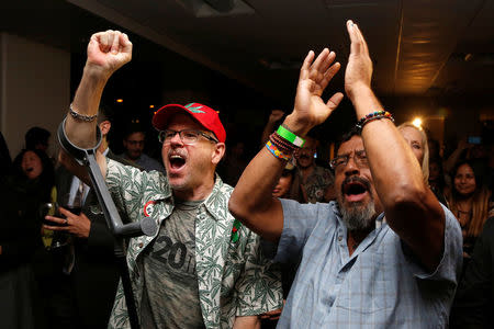 William Britt (L) and Al Moreno (R) celebrate after Californians voted to pass Prop 64, legalizing recreational use of marijuana in the state, in Los Angeles, California, U.S November 8, 2016. REUTERS/Jonathan Alcorn