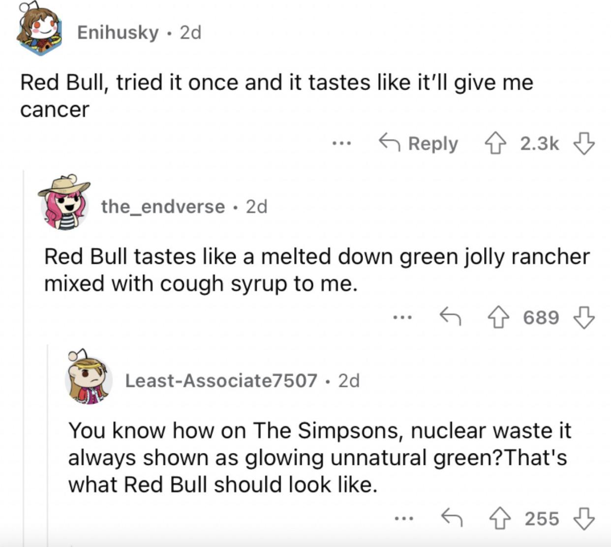 Reddit screenshot about Red Bull being a gross drink.