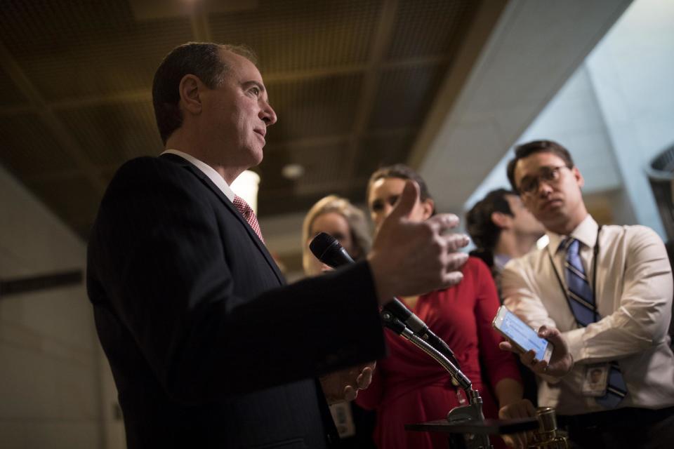 Adam Schiff, Ranking Member on the House Intelligence Committee, speaks with reporters on Capitol Hill on: Getty