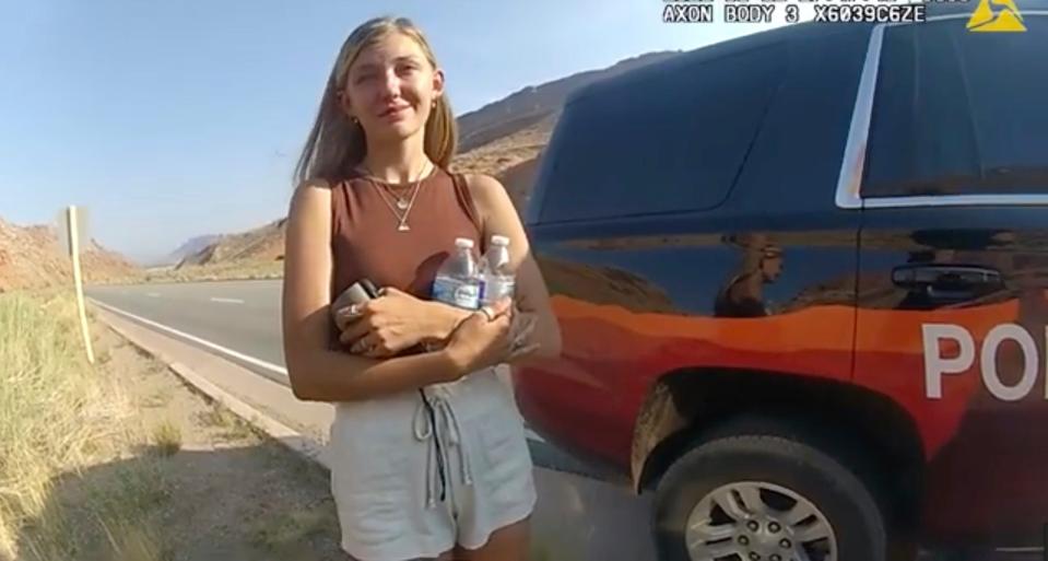 Police camera video provided by the Moab Police Department shows Gabrielle “Gabby” Petito talking to an officer after police pulled over the van she was traveling in with her boyfriend, Brian Laundrie, near the entrance to Arches National Park on Aug. 12 in Utah.