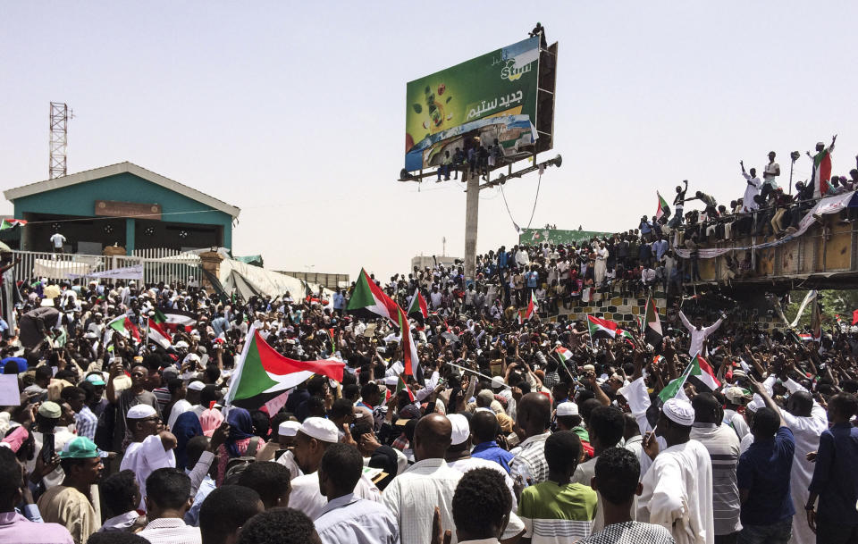 Demonstrators gather in Sudan's capital of Khartoum, Friday, April 12, 2019. The Sudanese protest movement has rejected the military's declaration that it has no ambitions to hold the reins of power for long after ousting the president of 30 years, Omar al-Bashir. (AP Photo)