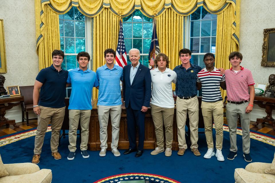 President Biden welcomes his alma mater Archmere Academy, the DIAA Class 2A champion Auks football team, coaches and cheerleaders on July 4 in the East Room of the White House.