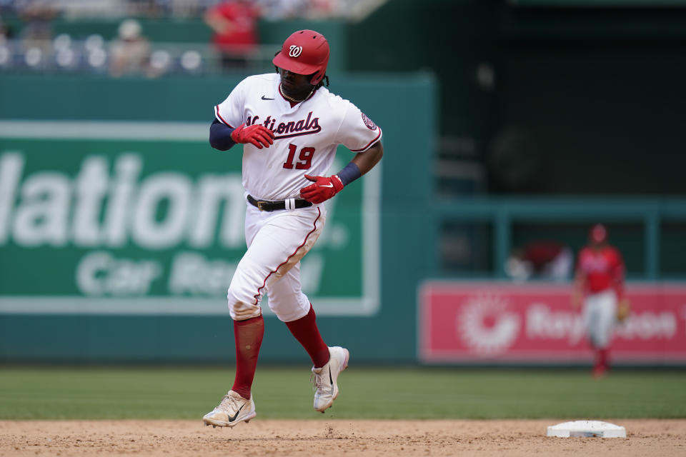 Washington Nationals' Josh Bell rounds the bases after hitting a two-run home run in the sixth inning of the first game of a baseball doubleheader against the Philadelphia Phillies, Friday, June 17, 2022, in Washington. (AP Photo/Patrick Semansky)