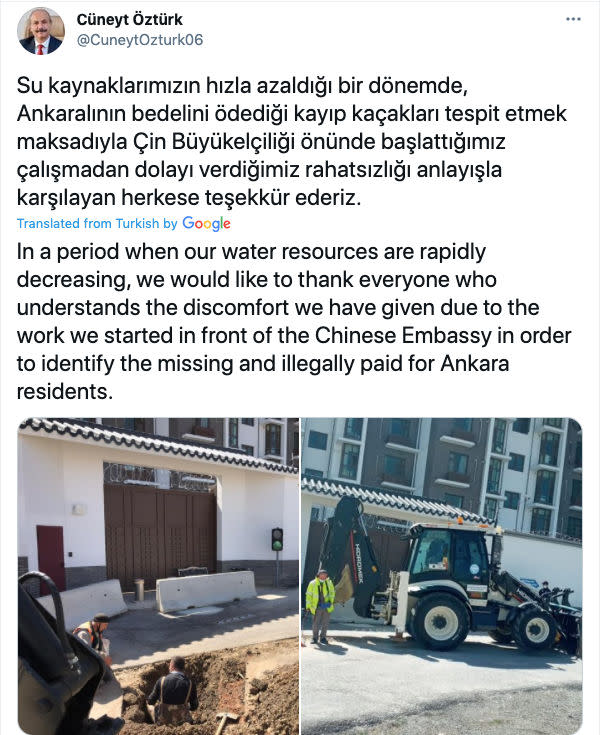 土耳其民眾在推特爆料，指中國大使館被安卡拉市府斷水。   圖：翻攝自Cuneyt Ozturk推特