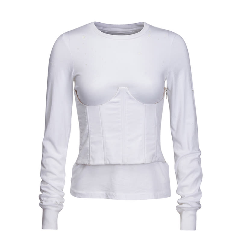 <a rel="nofollow noopener" href="https://shop.kendall-kylie.com/collections/dropone/products/dropone-2017-long-sleeve-corset-t-shirt-white?variant=35366534926" target="_blank" data-ylk="slk:Long Sleeve Corset T-Shirt, Kendall + Kylie, $195A removable corset takes this distressed supima cotton tee from day to night.;elm:context_link;itc:0;sec:content-canvas" class="link ">Long Sleeve Corset T-Shirt, Kendall + Kylie, $195<p>A removable corset takes this distressed supima cotton tee from day to night.</p> </a>