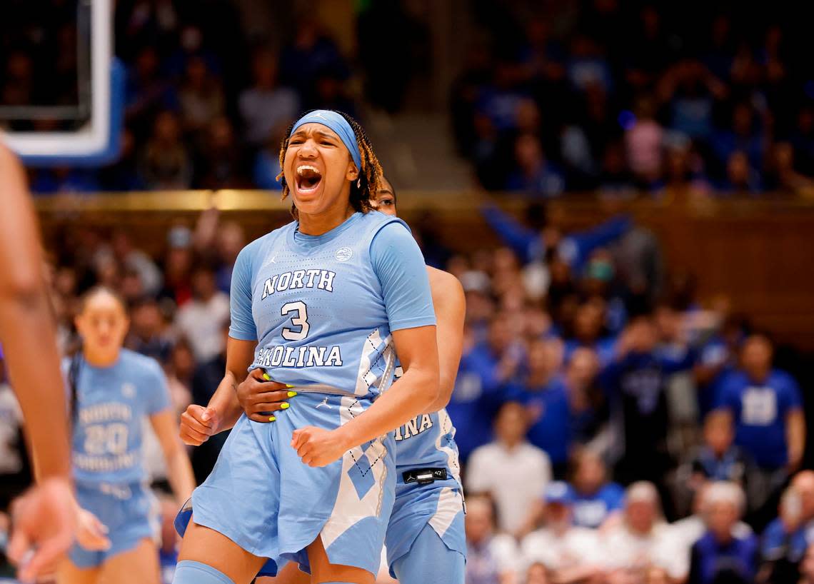 North Carolina’s Kennedy Todd-Williams reacts following a made basket during the second half of North Carolina’s 45-41 win over Duke on Sunday, Feb. 26, 2023, at Cameron Indoor Stadium in Durham, N.C.