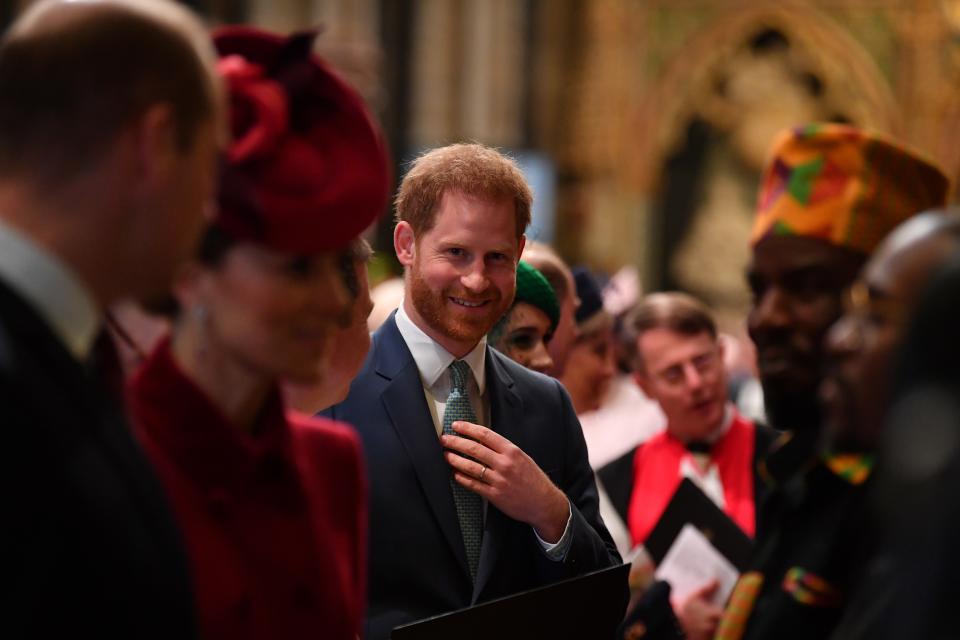 LONDON, ENGLAND - MARCH 09:  Prince Harry, Duke of Sussex (C) is introduced to performers as he leaves after attending the Commonwealth Day Service 2020 on March 9, 2020 in London, England. (Photo by Ben Stansall-WPA Pool/Getty Images)