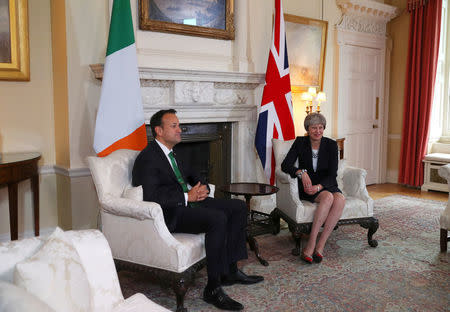 Britain's Prime Minister Theresa May welcomes Ireland's Taoiseach Leo Varadkar to Downing Street in London, September 25, 2017. REUTERS/Hannah McKay