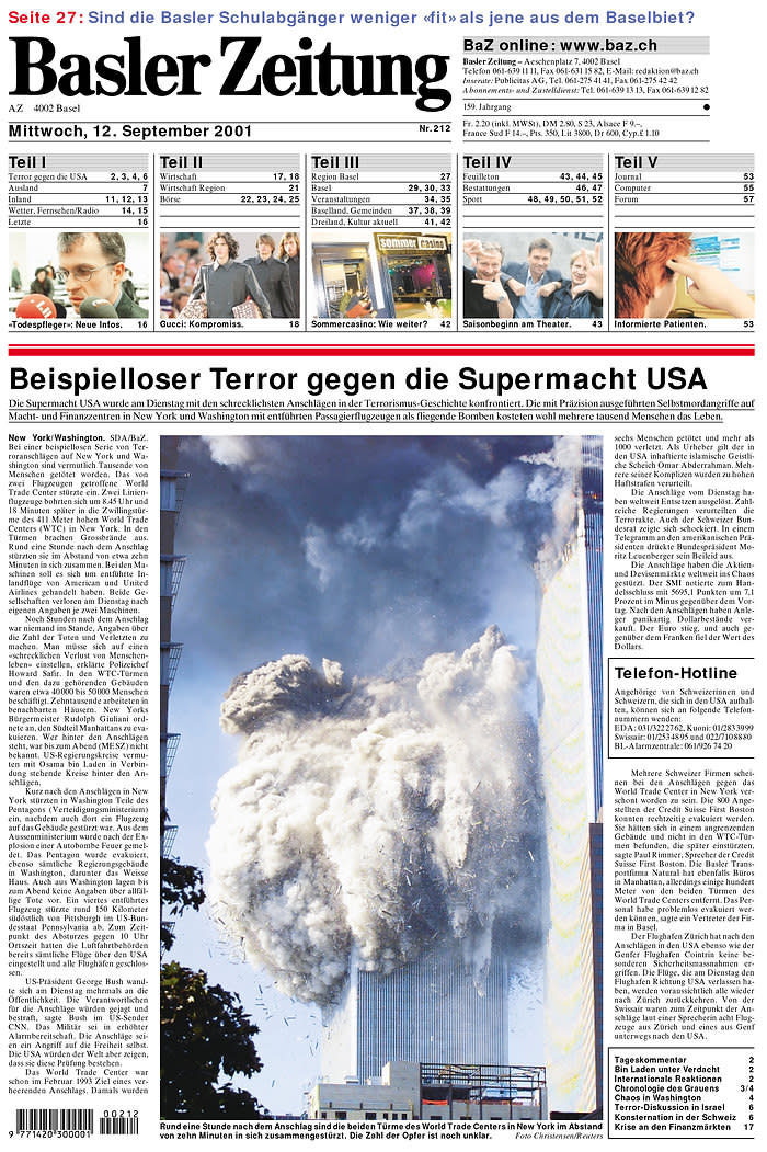 How the 9/11 attacks were reported on front pages around the world