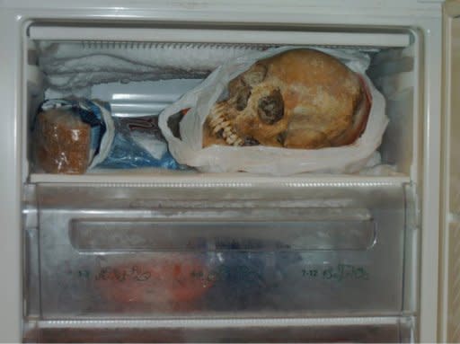 Undated police handout photo made available on November 20, shows a human skull in a freezer in the apartment of a 37-year-old woman in Gothenburg, southern Sweden. The Swedish woman was charged with possession of human skulls and bones, which the prosecution claimed she used for sexual purposes