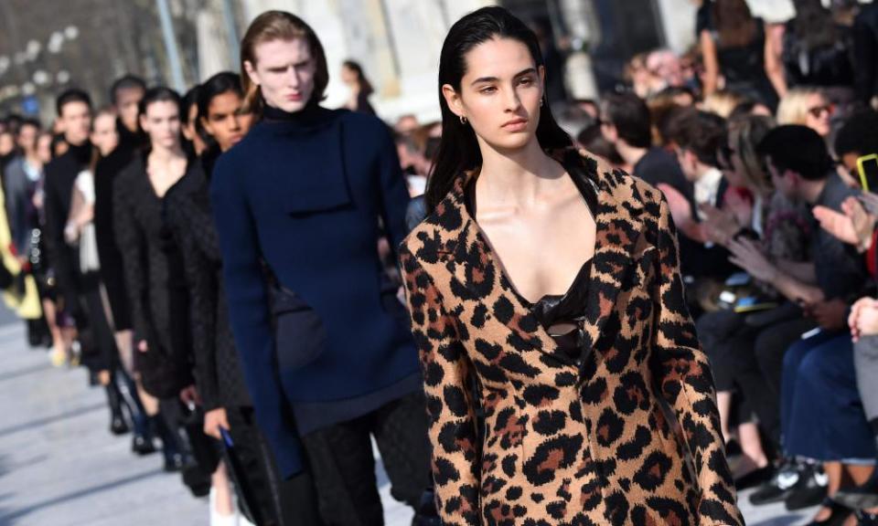 Models present creations during Lee’s first Bottega Veneta catwalk show in Milan in February 2019.