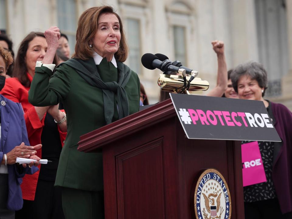 Speaker Nancy Pelosi addresses reporters during an abortion rights press conference on the steps of the US Capitol.