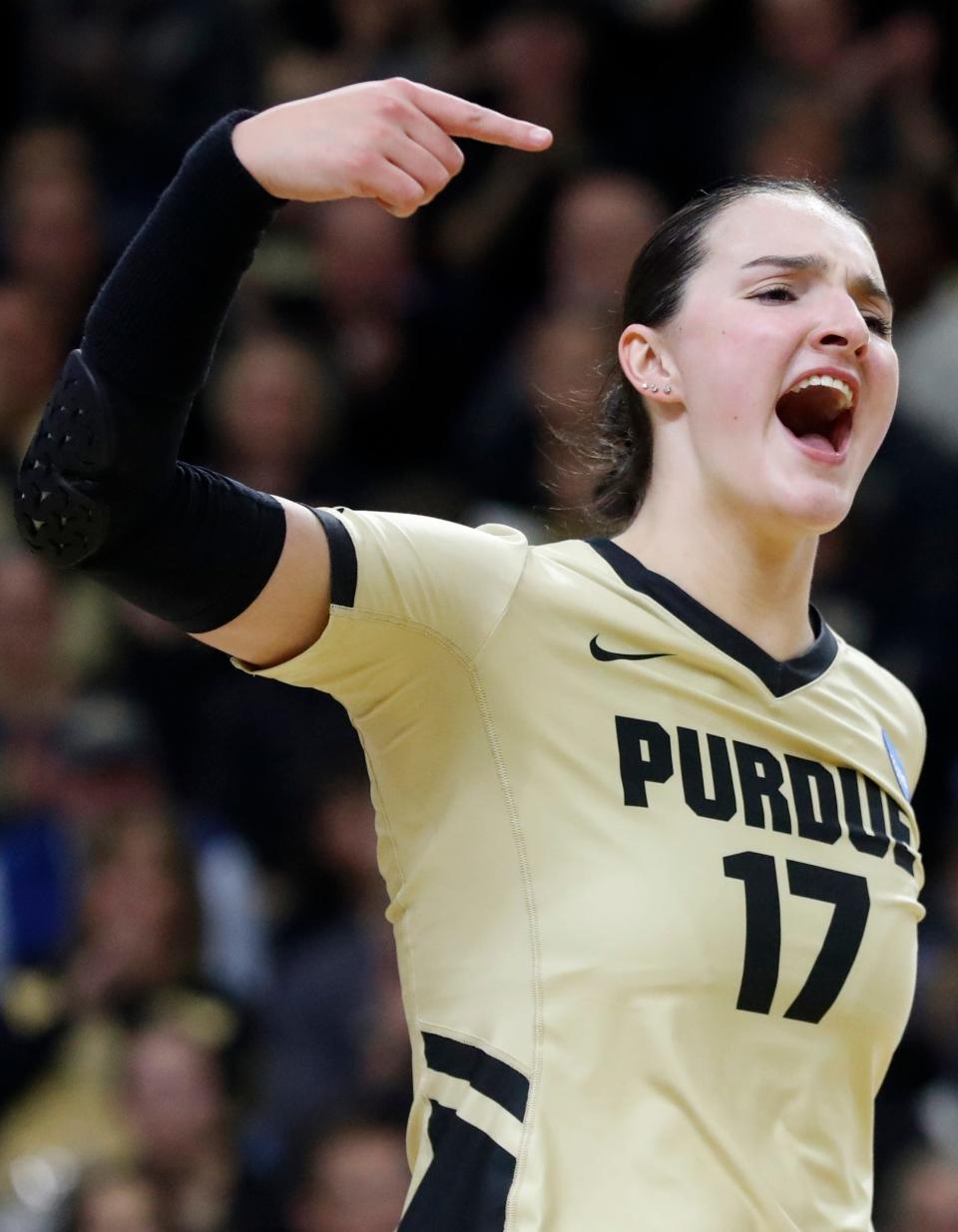 Purdue outside hitter Eva Hudson (17) celebrates during the NCAA Women’s Volleyball Tournament match against the Fairfield, Thursday, Nov. 30, 2023, at Holloway Gymnasium in West Lafayette, Ind. Purdue won 3-0.