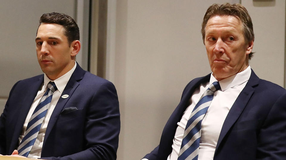 Billy Slater was joined at the judiciary by Storm coach Craig Bellamy and CEO Dave Donaghy. Pic: Getty