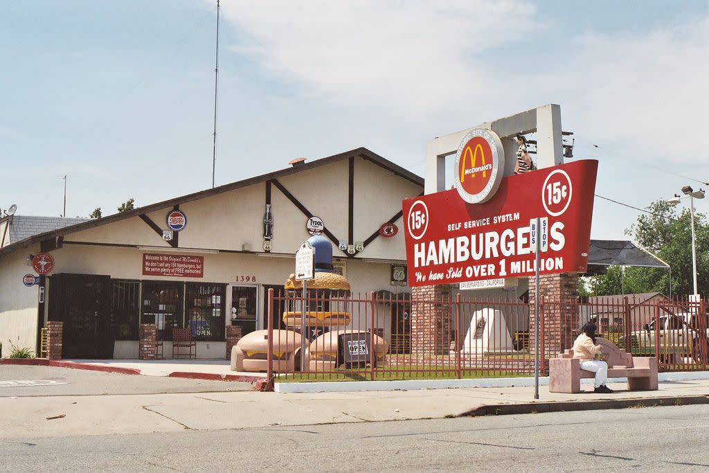 The site of the first McDonald's restaurant, San Bernardino, California. Only part of the sign remains from the original structure.