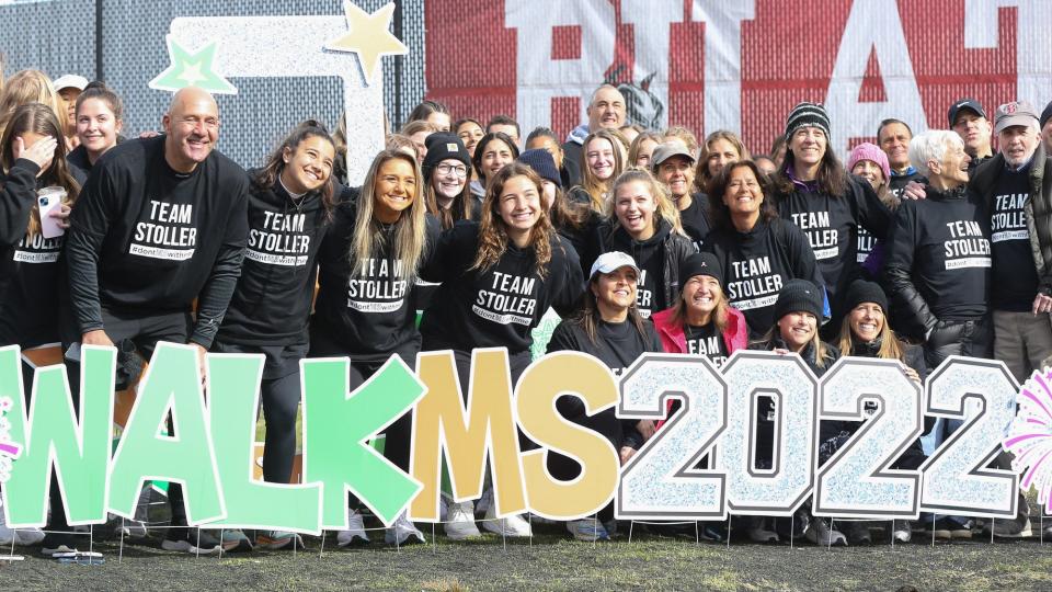Team Stoller poses for a photo during the Walk MS event at Boston University on April 3, 2022. Abby Stoller, a 2017 Wayland High graduate and current Simmons College lacrosse player, was diagnosed with multiple sclerosis in November after experiencing numbness on the left side of her body.