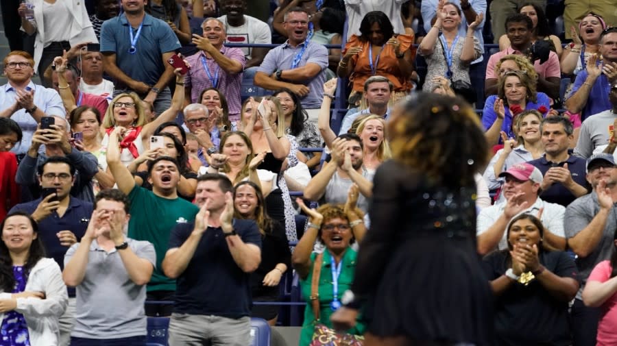 <em>Fans cheer for Serena Williams, of the United States, during her match against Anett Kontaveit, of Estonia, during the second round of the U.S. Open tennis tournament Aug. 31, 2022, in New York. Watching 40-year-old Williams defeat the world’s second-ranked player and advance to the third round of the tournament has inspired many older tennis fans. They say her success sends a message that they too can perform better and longer through fitness, practice and grit. (AP Photo/John Minchillo, File)</em>