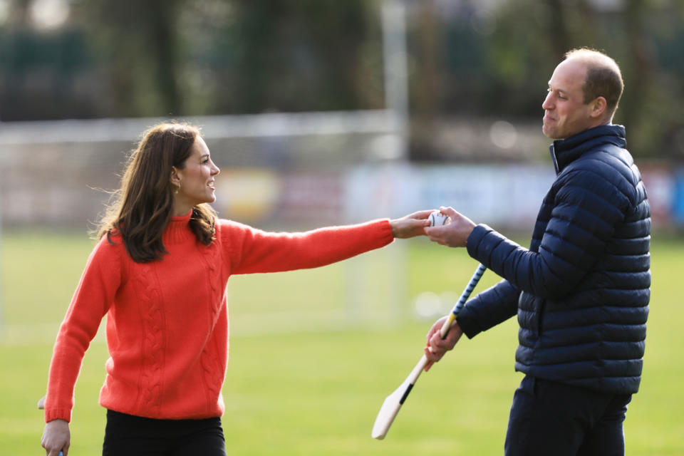 GALWAY, IRELAND - MARCH 05: Prince William, Duke of Cambridge and Catherine, Duchess of Cambridge visit Salthill GAA club and participate in some hurling and gaelic football on the third day of their first official visit to Ireland on March 5, 2020 in Galway, Ireland.   (Photo by Julien Behal/Pool/Samir Hussein/WireImage)