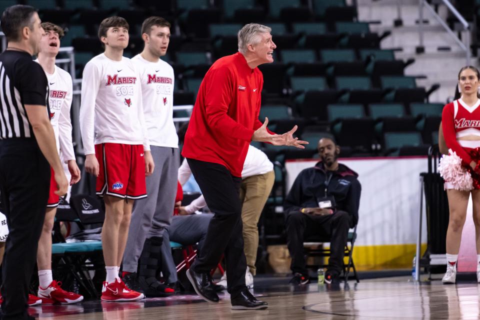 Mar 10, 2023; Atlantic City, NJ, USA; Marist Red Foxes head coach John Dunne reacts during the first half against the St. Peter's Peacocks at Jim Whelan Boardwalk Hall. Mandatory Credit: John Jones-USA TODAY Sports