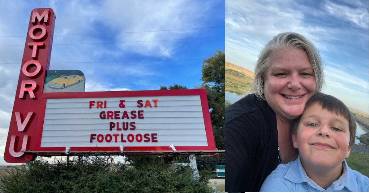 Susan Haaheim with her son and the drive-in theater she owns and operates.