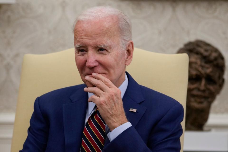 President Joe Biden pauses as he meets with Dutch Prime Minister Mark Rutte in the Oval Office of the White House in Washington, Tuesday, Jan. 17, 2023.