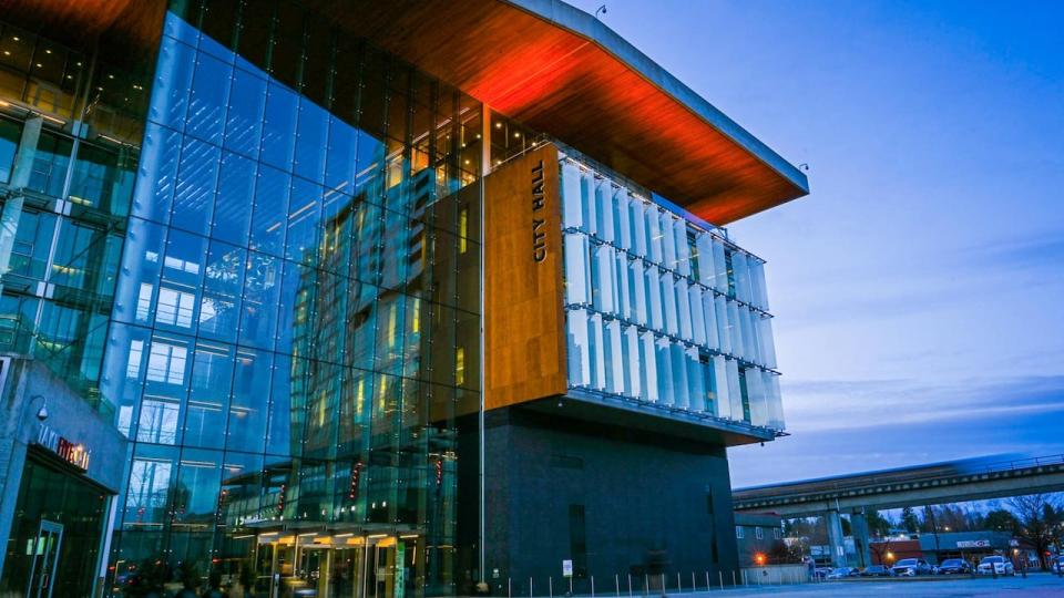 Surrey B.C's city hall as seen at dusk.