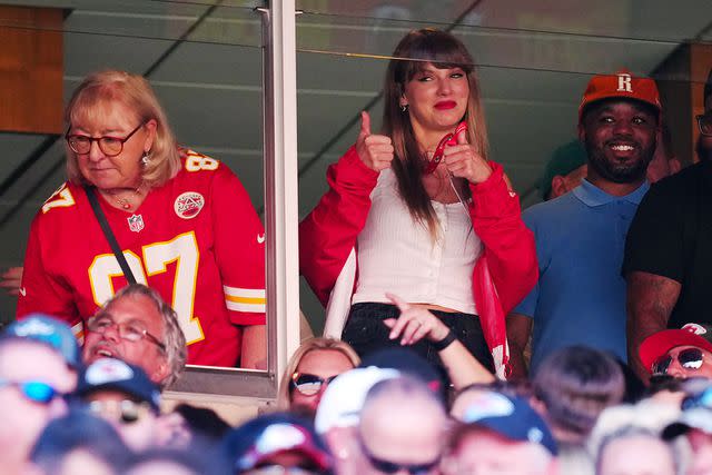 <p>Jason Hanna/Getty</p> Taylor Swift at a Kansas City Chiefs game