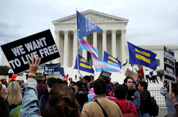 PHOTO: Protesters rally in front of the U.S. Supreme Court as arguments are heard in a set of cases concerning the rights of LGBT people in the workforce, on October 8, 2019 in Washington, DC. (Mark Wilson/Getty Images)