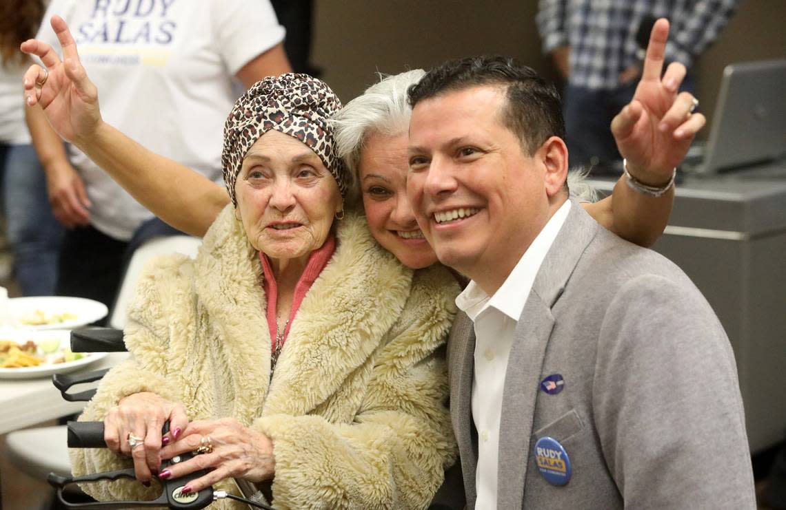 Assemblymember Rudy Salas, D-Bakersfield, takes a photo with supporters – including 95-year-old Mercedes Murrillo – during Election Night watch party at a union hall in Bakersfield on Nov. 8, 2022. He is challenging Republican incumbent David Valadao in the newly redrawn 22nd Congressional District.