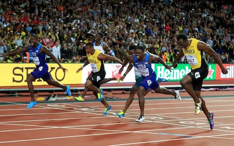 USA's Justin Gatlin (left) wins the Men's 100m Final ahead of Christian Coleman (5) and Jamaica's Usain Bolt in third (right) during day two of the 2017 IAAF World Championships at the London Stadium - Credit: PA