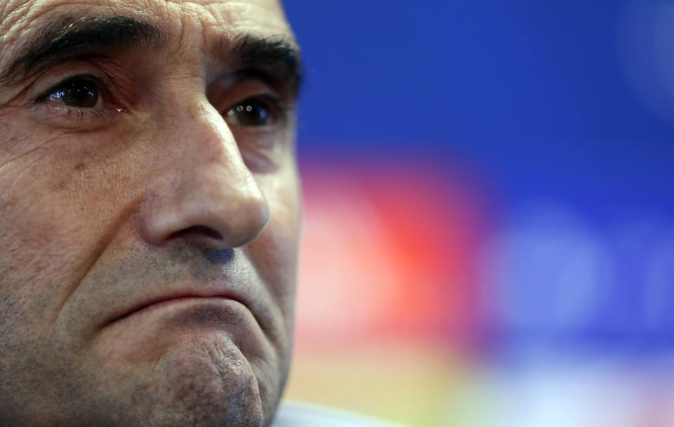 FC Barcelona's coach Ernesto Valverde attends a press conference at the Sports Center FC Barcelona Joan Gamper in Sant Joan Despi, Spain, Tuesday, April 30, 2019. FC Barcelona will play against Liverpool in a first leg semifinal Champions League soccer match on Wednesday, May 1. (AP Photo/Manu Fernandez)