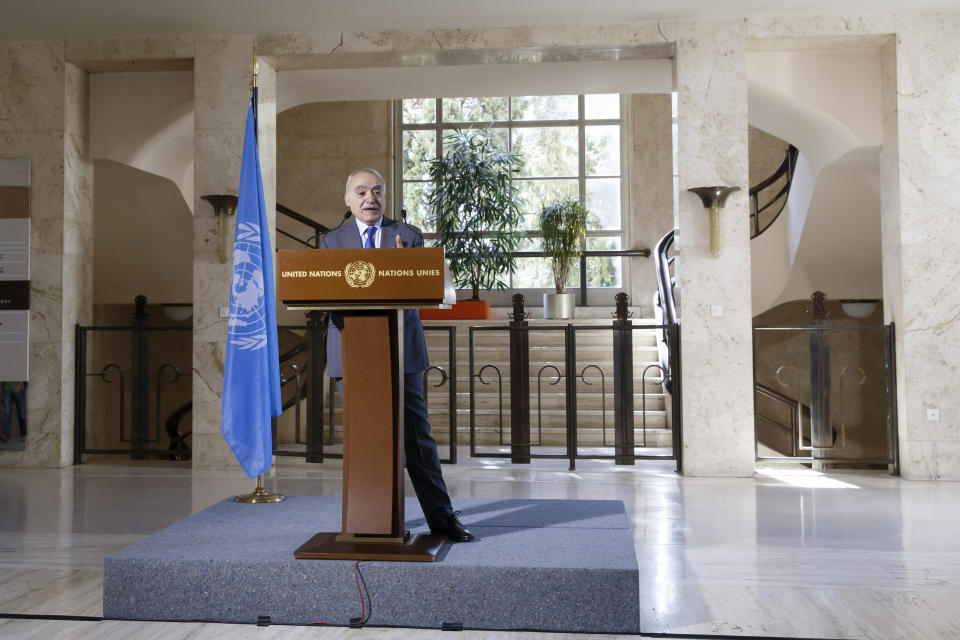 Ghassan Salame, Special Representative of the United Nations Secretary-General and Head of the United Nations Support Mission in Libya, talks at the European headquarters of the United Nations in Geneva, Switzerland, Tuesday, Feb. 18, 2020. The United Nations says Libya’s warring sides have resumed talks in Geneva aimed at salvaging a fragile cease-fire in the North African country. The current cease-fire was brokered by Russia and Turkey on Jan. 12, but there have been repeated violations by all sides. (Salvatore Di Nolfi/Keystone via AP)