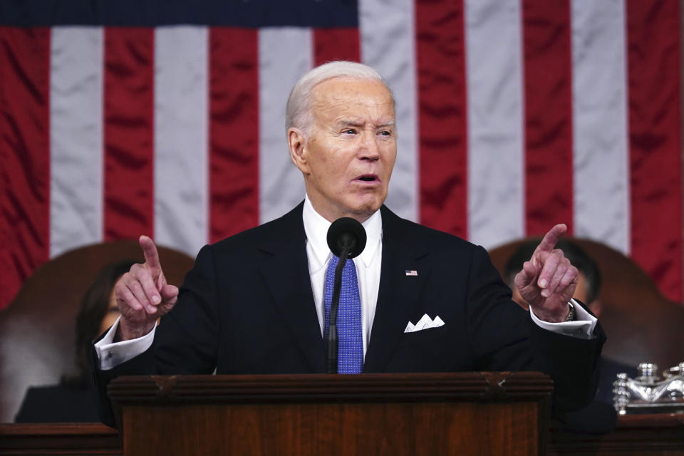 FILE - President Joe Biden delivers the State of the Union address to a joint session of Congress at the Capitol, on March 7, 2024, in Washington. A top European Union official is Cyprus on Friday, March 8, 2024, to inspect preparations for sending desperately needed aid to war-ravaged Gaza by sea, just hours after President Joe Biden announced that the U.S. military will set up a temporary port off Gaza's Mediterranean coast in support of such efforts. (Shawn Thew/Pool Photo via AP, File)