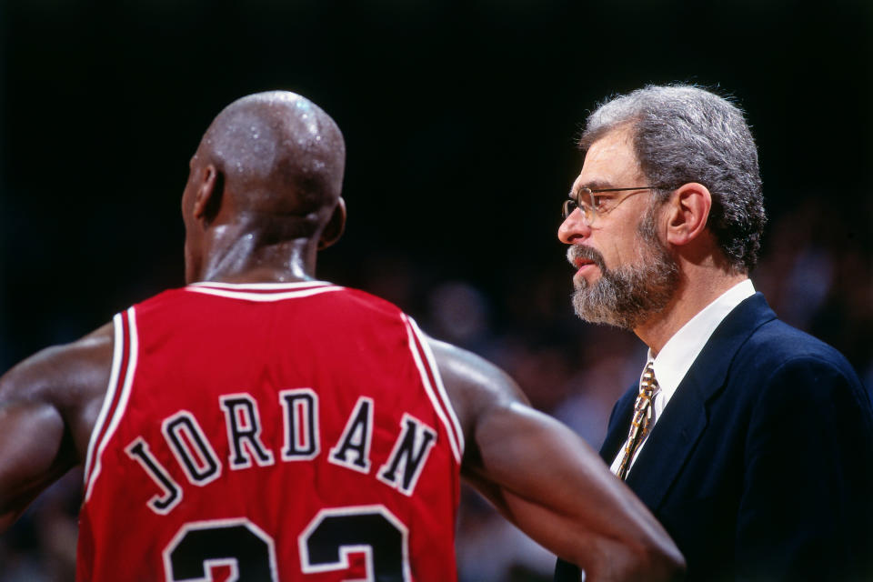 Michael Jordan and Phil Jackson in 1996 in 'The Last Dance' (Photo by Andrew D. Bernstein/NBAE via Getty Images)