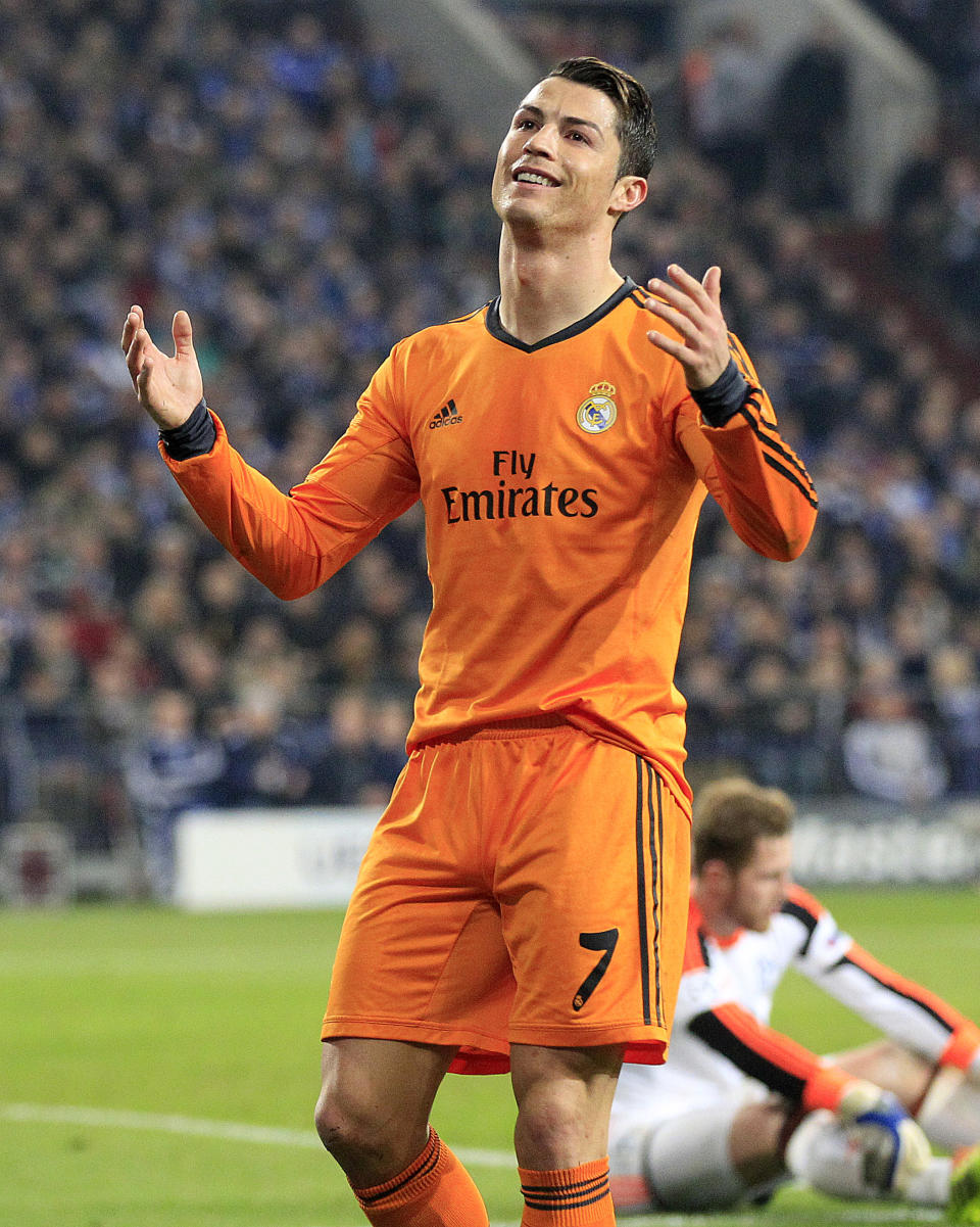 Real's Cristiano Ronaldo reacts during the Champions League round of the last 16 first leg soccer match between Schalke 04 and Real Madrid in Gelsenkirchen, Germany, Wednesday, Feb.26,2014. (AP Photo/Frank Augstein)