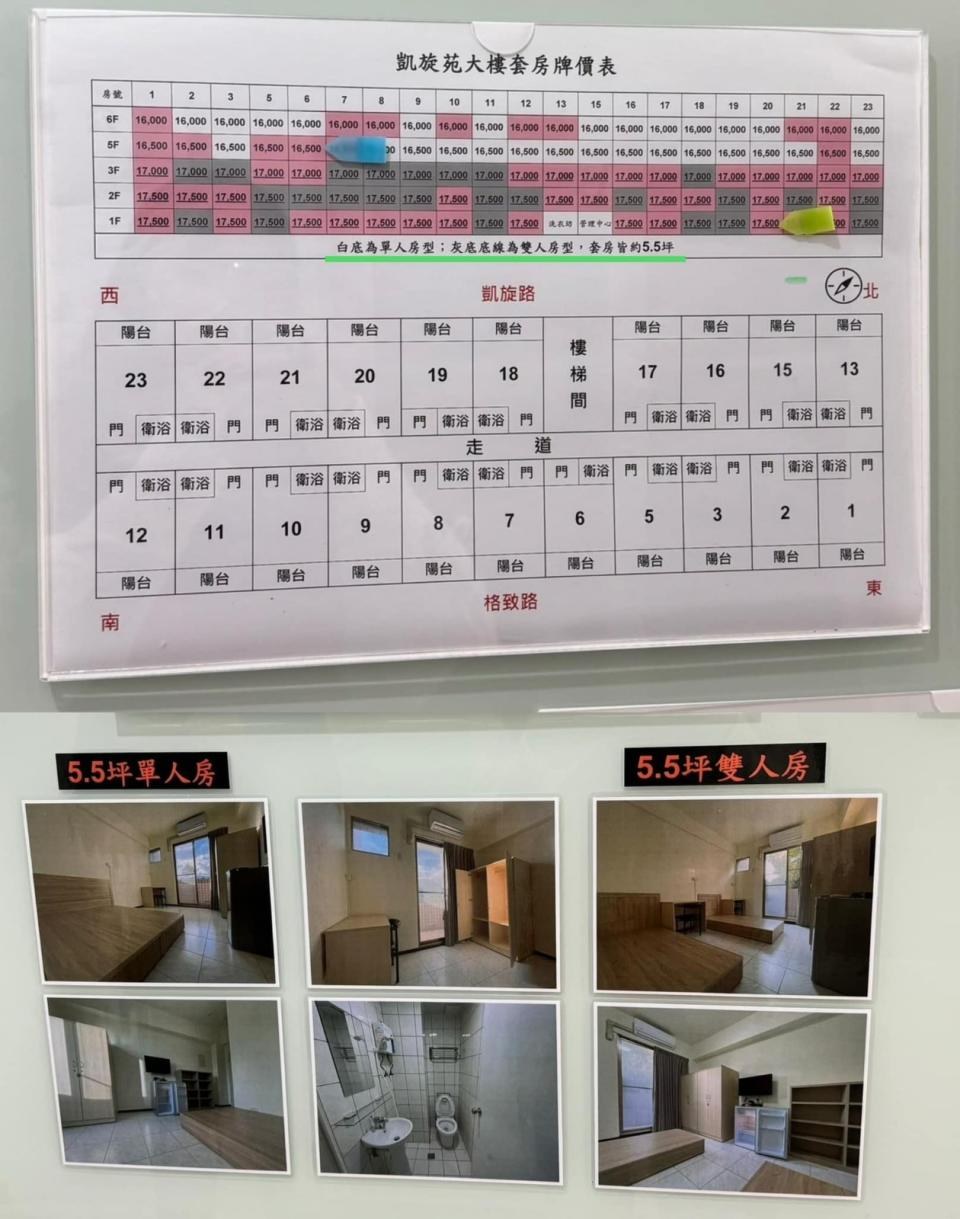 凱旋院大樓套房牌價表和內部照片。翻攝自李正皓臉書