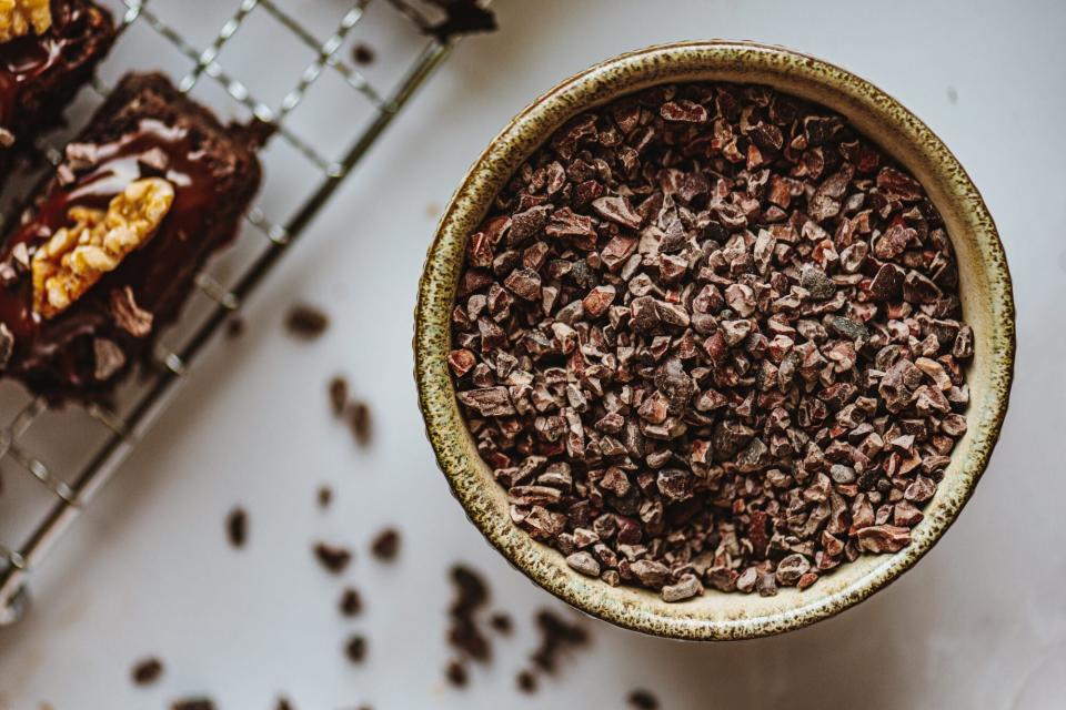 cacao nibs in bowl on counter