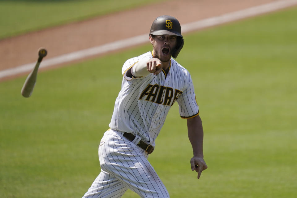 San Diego Padres' Wil Myers reacts after hitting a three-run walkoff home run to defeat the Seattle Mariners in a baseball game Thursday, Aug. 27, 2020, in San Diego. (AP Photo/Gregory Bull)