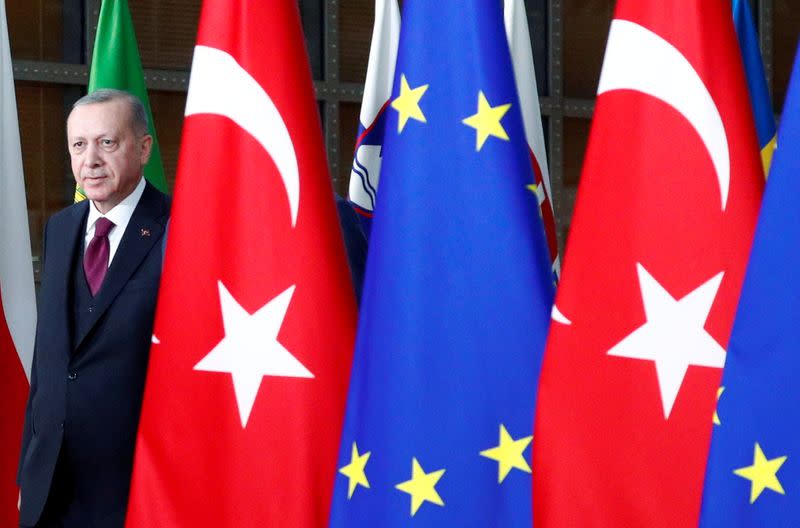 FILE PHOTO: Turkish President Tayyip Erdogan arrives for a meeting with EU Council President Charles Michel in Brussels