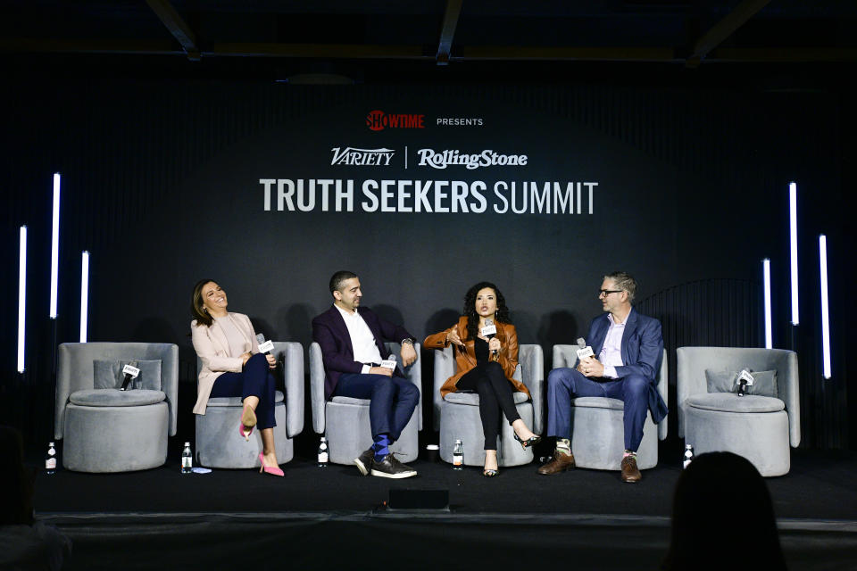 NEW YORK, NEW YORK - AUGUST 02: (L-R) Mary Bruce, Mehdi Hasan, Laura Barrón-López and Noah Shachtman speak onstage during the Variety & Rolling Stone Truth Seekers Summit presented by SHOWTIME at Second Floor on August 02, 2023 in New York City. (Photo by Eugene Gologursky/Variety via Getty Images)