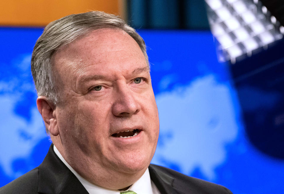 Secretary of State Mike Pompeo speaks during a press briefing at the State Department on Wednesday, May 20, 2020, in Washington. (Nicholas Kamm/Pool Photo via AP)