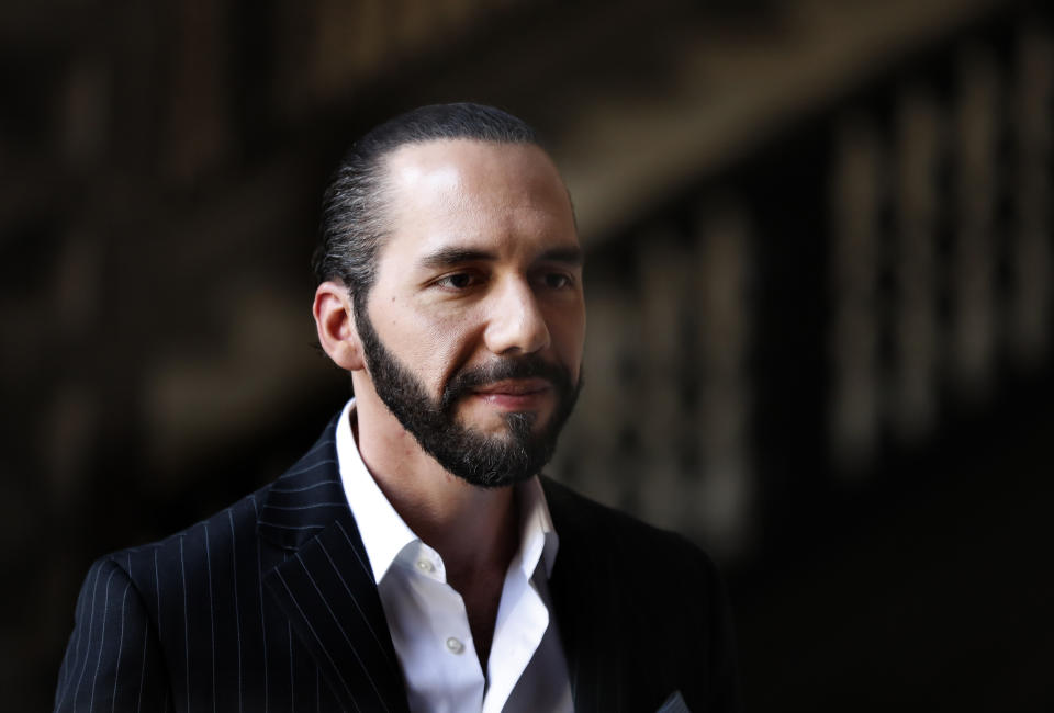 FILE - El Salvador's President Nayib Bukele speaks to the press at Mexico's National Palace after meeting with the President Andres Manuel Lopez Obrador in Mexico City, March 12, 2019. El Salvador’s president has threatened Tuesday, April 6, 2022, that he will cut off food for imprisoned members of street gangs if they “unleash a wave of crimes.” (AP Photo/Marco Ugarte, File)