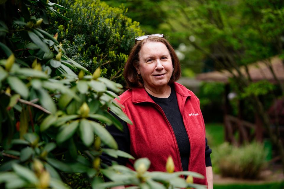 Susan McTigue photographed in her backyard in Closter on Wednesday, May 11, 2022. McTigue received Evusheld, a medication that prevents COVID in immune-compromised people, after earlier vaccine injections did not produce antibodies. 