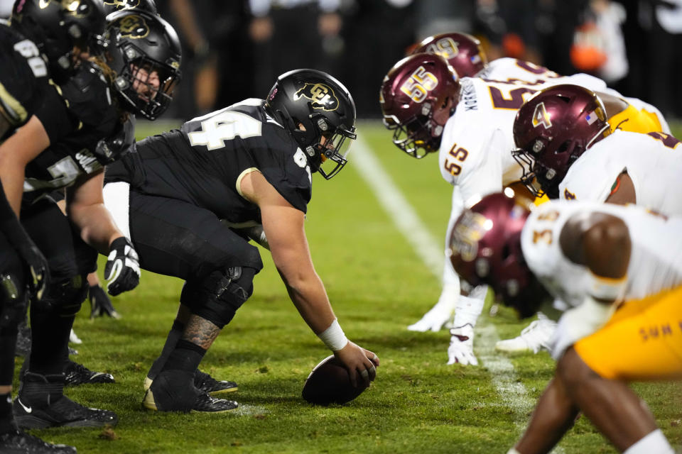 Oct 29, 2022; Boulder, Colorado, USA; Colorado Buffaloes offensive lineman <a class="link " href="https://sports.yahoo.com/nfl/players/29277" data-i13n="sec:content-canvas;subsec:anchor_text;elm:context_link" data-ylk="slk:Austin Johnson;sec:content-canvas;subsec:anchor_text;elm:context_link;itc:0">Austin Johnson</a> (64) lines up across from the <a class="link " href="https://sports.yahoo.com/ncaaw/teams/arizona-st/" data-i13n="sec:content-canvas;subsec:anchor_text;elm:context_link" data-ylk="slk:Arizona State Sun Devils;sec:content-canvas;subsec:anchor_text;elm:context_link;itc:0">Arizona State Sun Devils</a> in the third quarter at Folsom Field. Mandatory Credit: Ron Chenoy-USA TODAY Sports