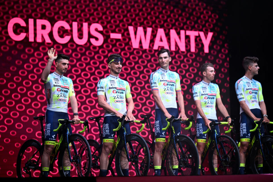 Intermarche show off their new jersey at the Giro d'italia team presentation