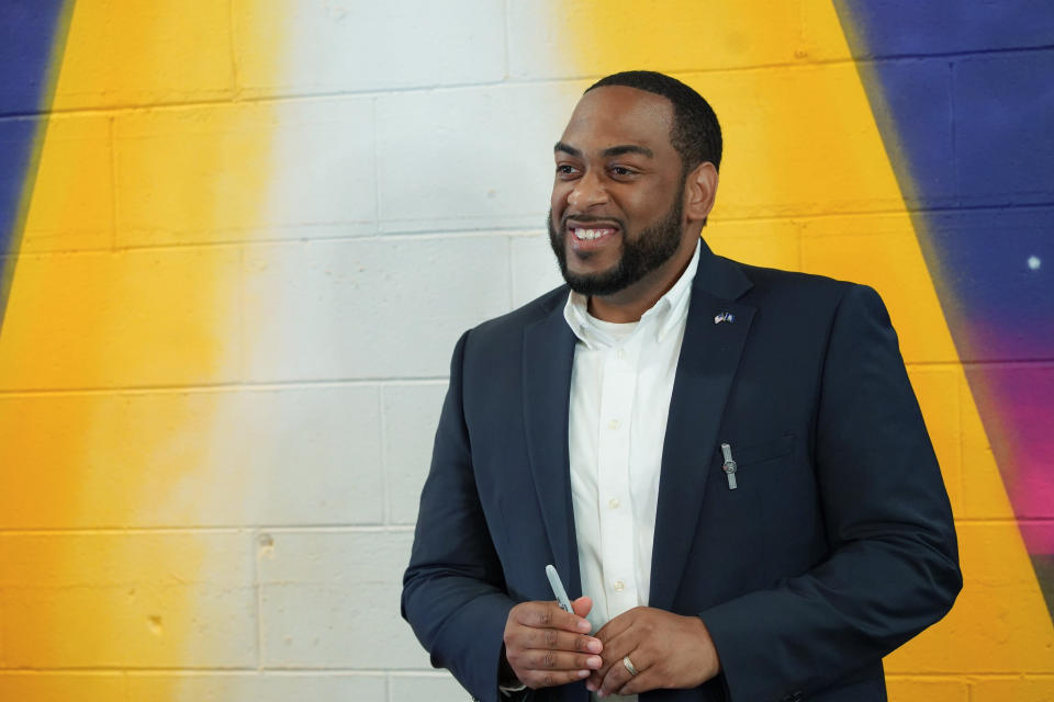 Kentucky senate candidate Charles Booker speaks at a book signing event for his memoir in Louisville, Ky. on Wednesday, ‎April ‎27, ‎2022. Booker, who has three primary opponents, is the frontrunner in the upcoming Democratic primary on May 17. (AP Photo/Piper Hudspeth Blackburn)